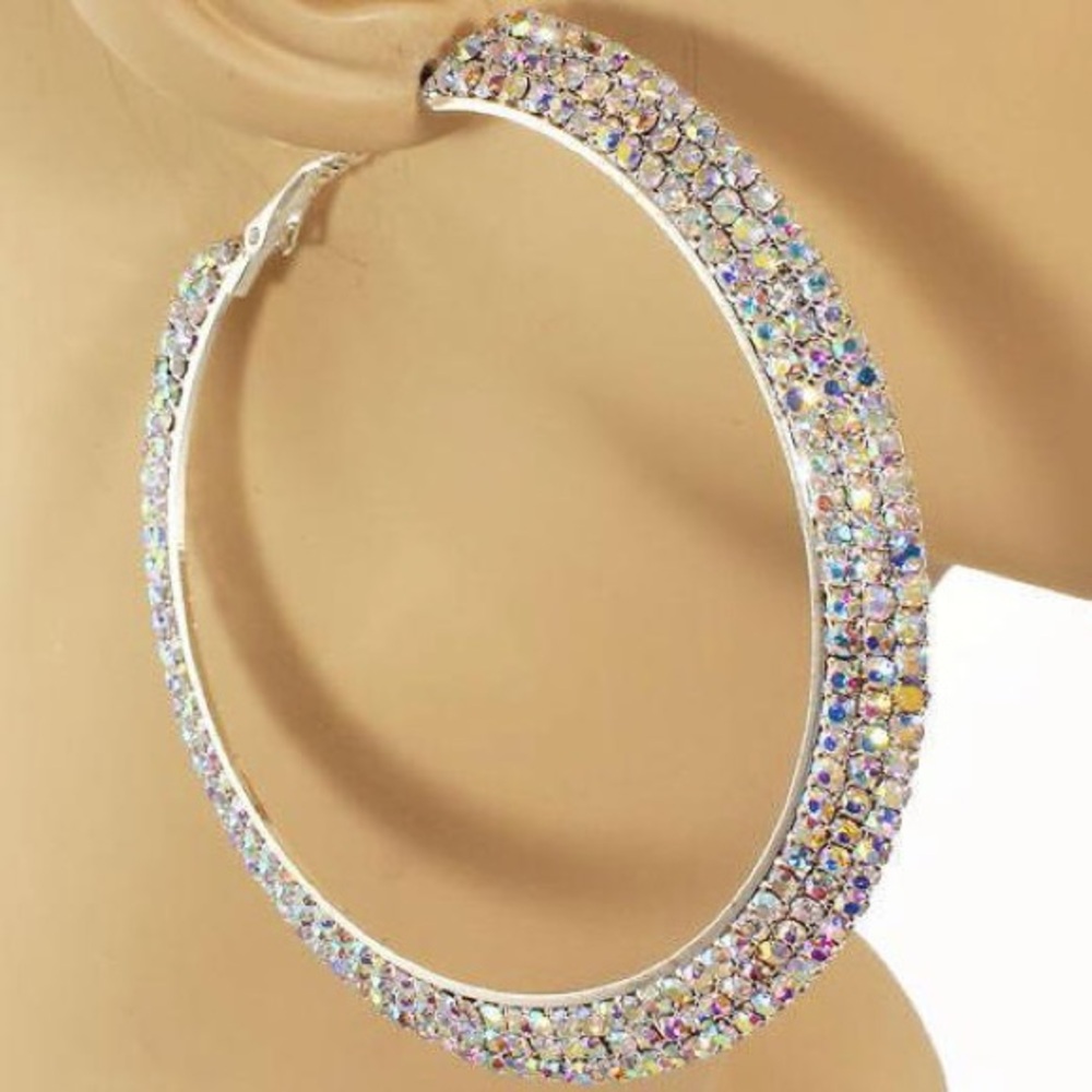 2.75” Aurora Borealis Pave Set Rainbow Cz Crystal Long Hoop Earrings tavalite